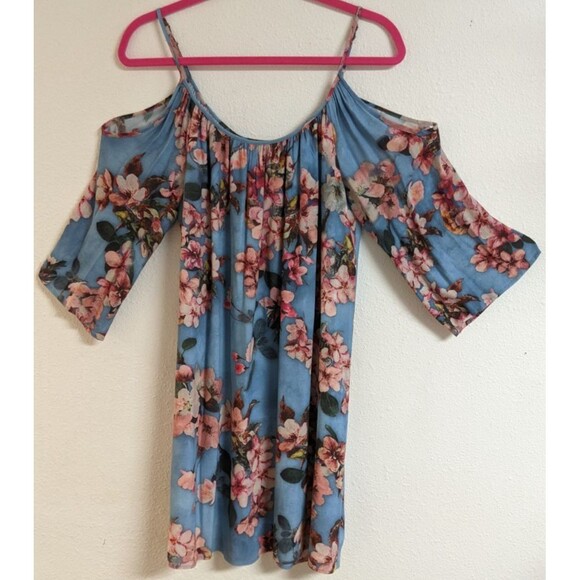 Women's KAREN KANE Blue Floral Fresco Cold Shoulder Viscose Dress Medium - Picture 3 of 7